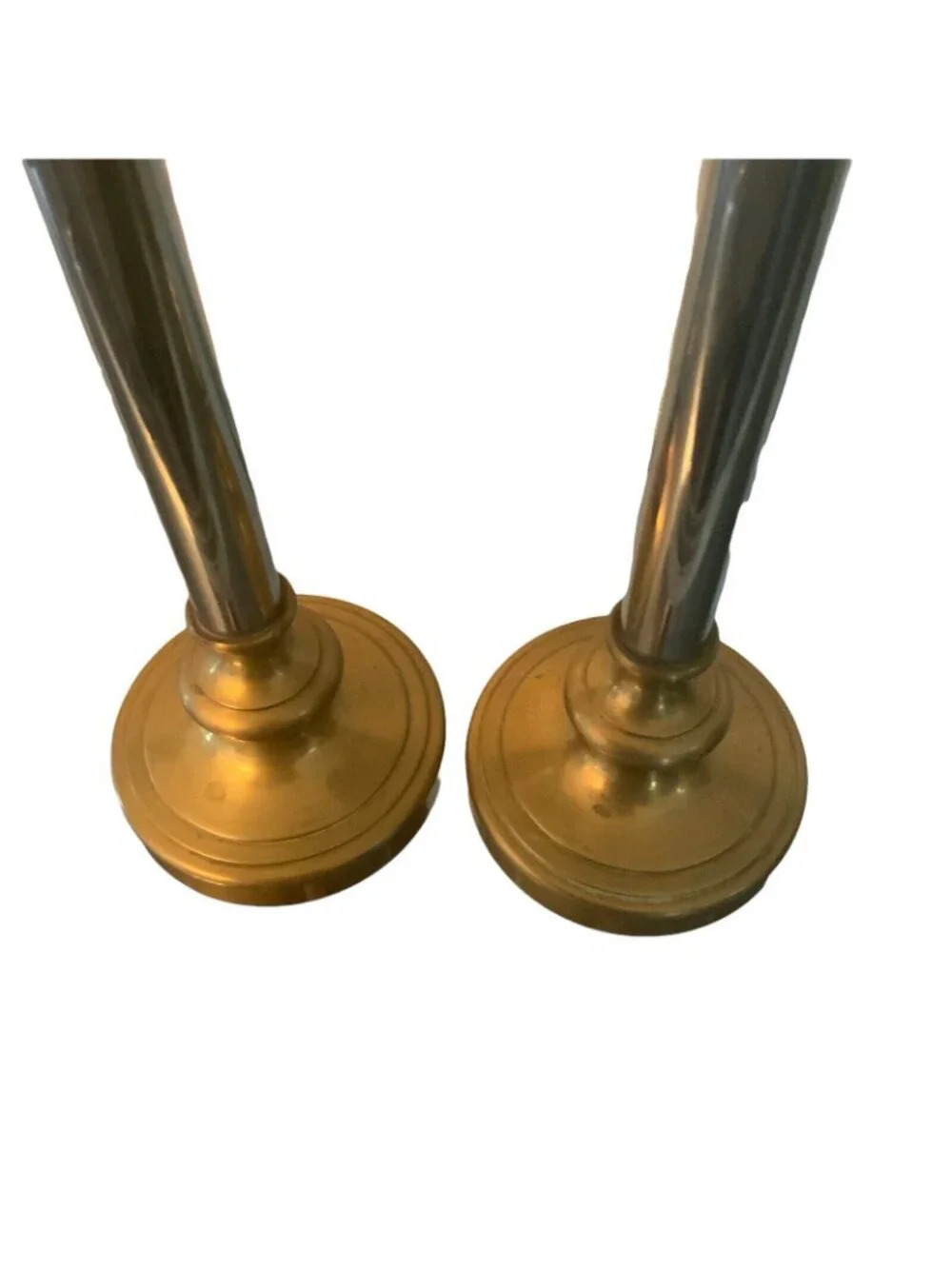 Vintage Brass & Steel Taper Candlesticks Pair 12 inches Tall Mantel Shelf Decor